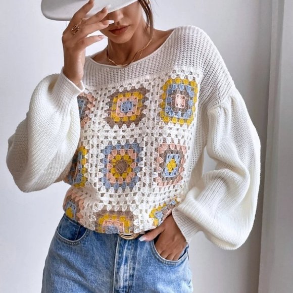 Boho Crochet Floral Detail Knit Sweater top cream - Picture 4 of 6